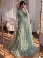 Luxury Sage Green Beaded Evening Dress with Cape CLA72605B