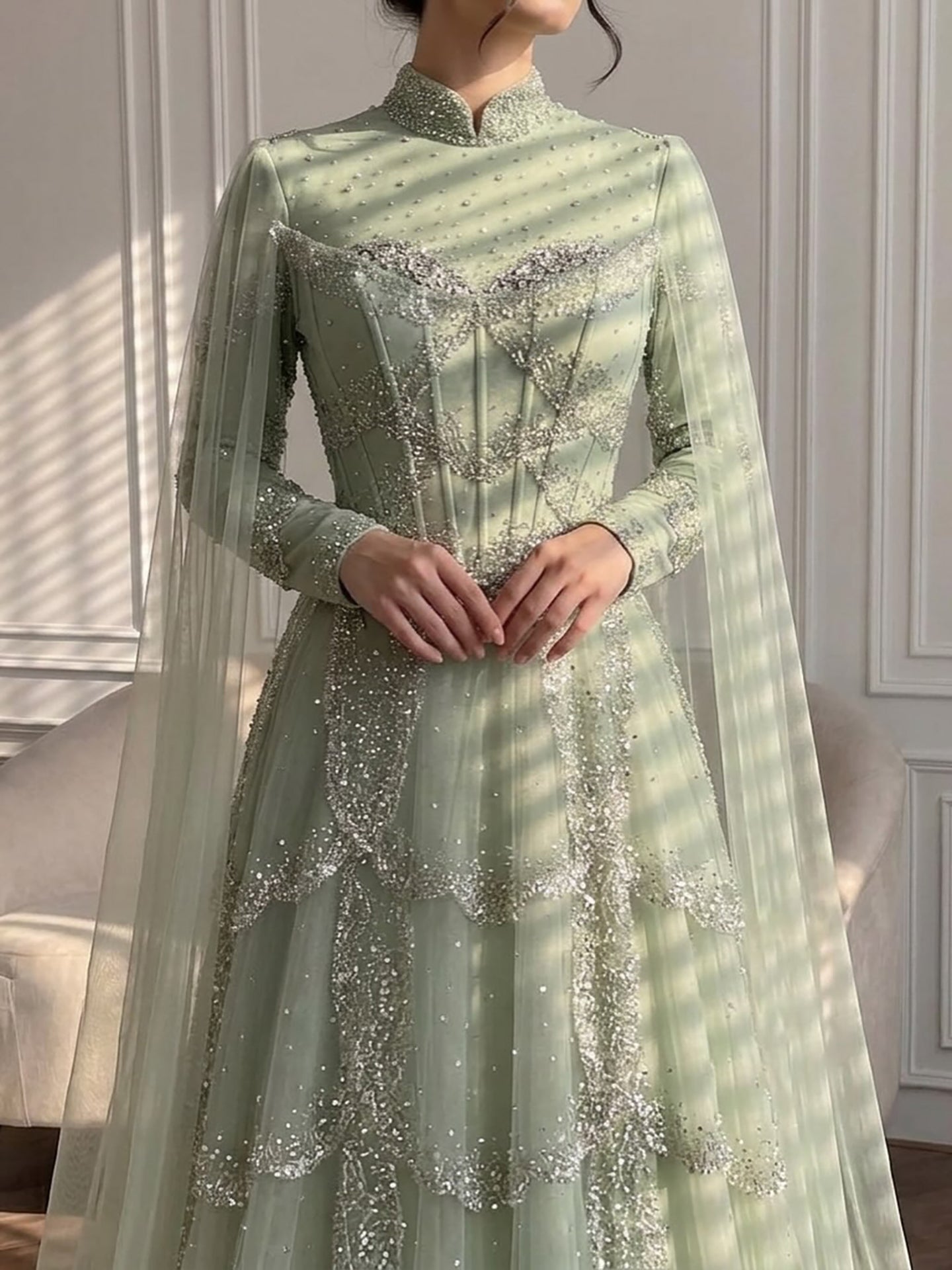 Luxury Sage Green Beaded Evening Dress with Cape CLA72605B