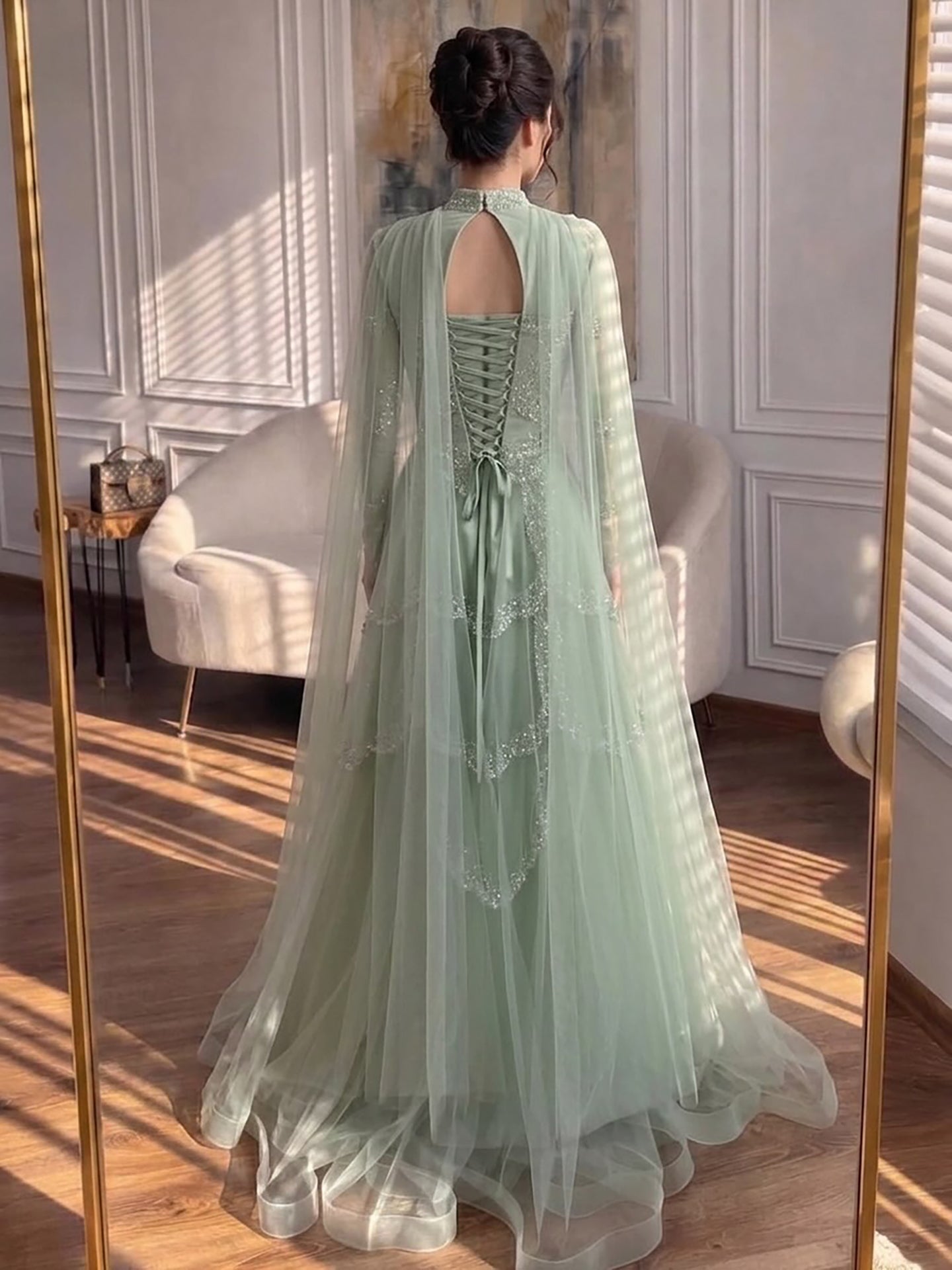 Luxury Sage Green Beaded Evening Dress with Cape CLA72605B