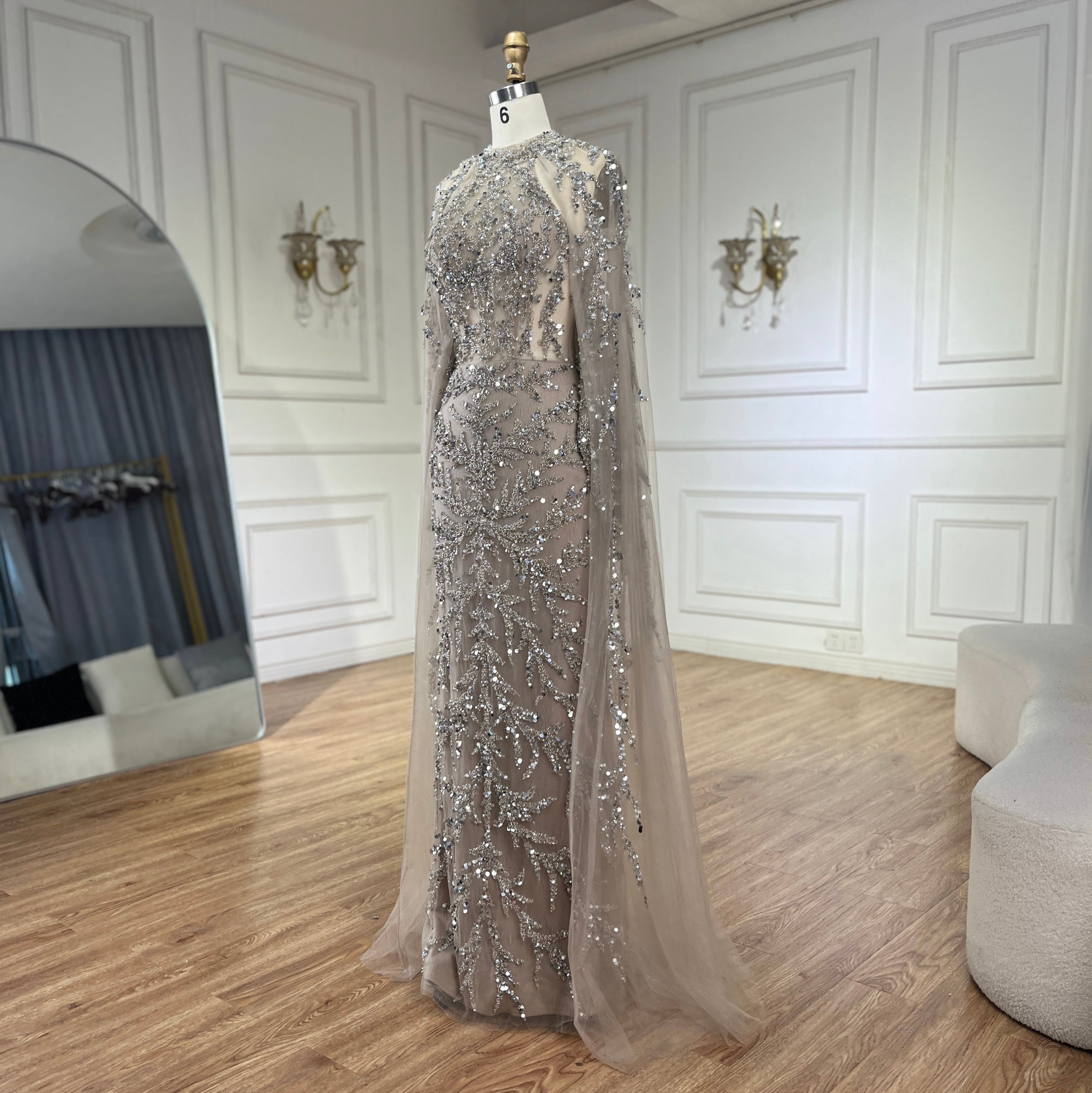 Arabic Luxury Beaded Mermaid Evening Dress Cape Sleeves For Women Wedding Party CLA72652