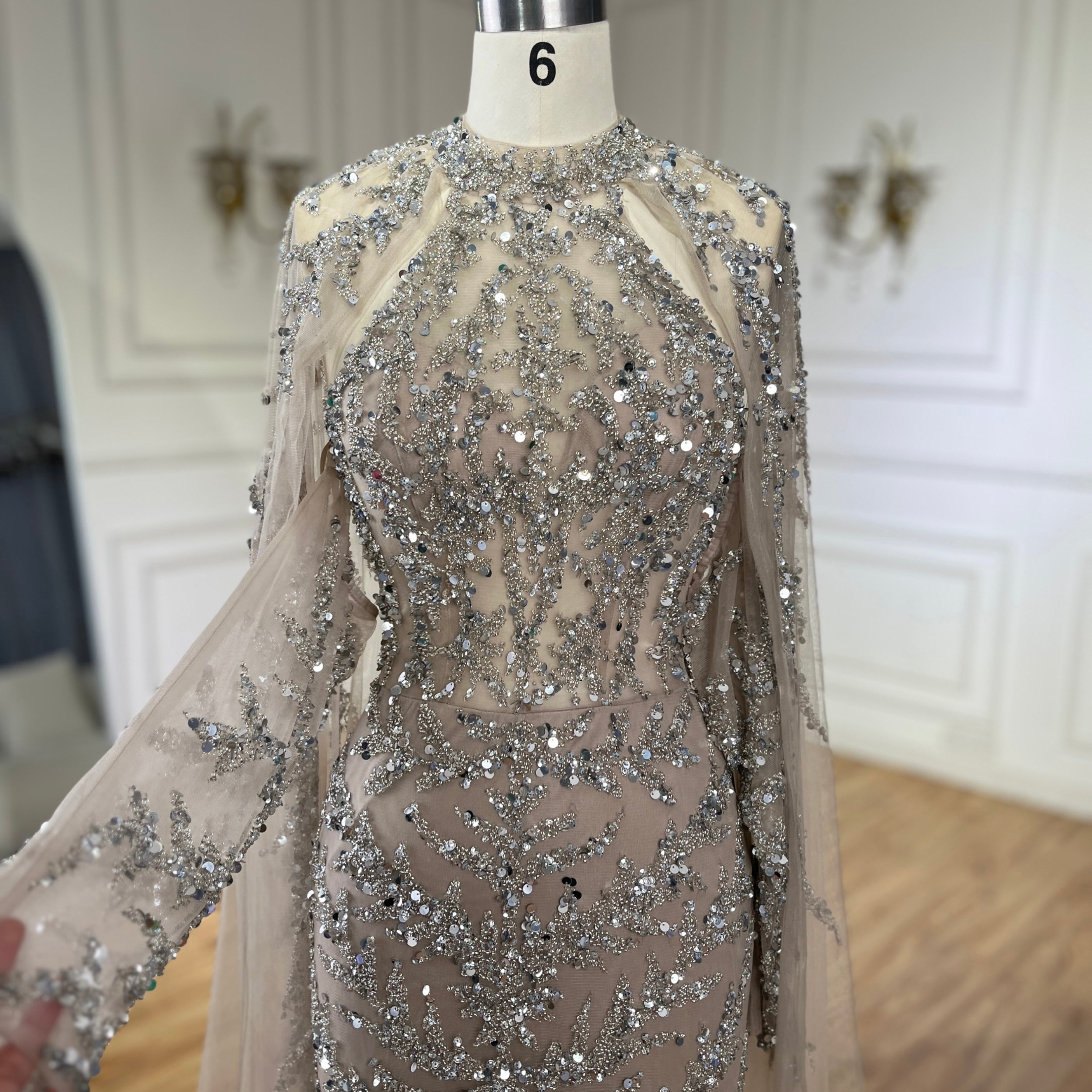 Arabic Luxury Beaded Mermaid Evening Dress Cape Sleeves For Women Wedding Party CLA72652