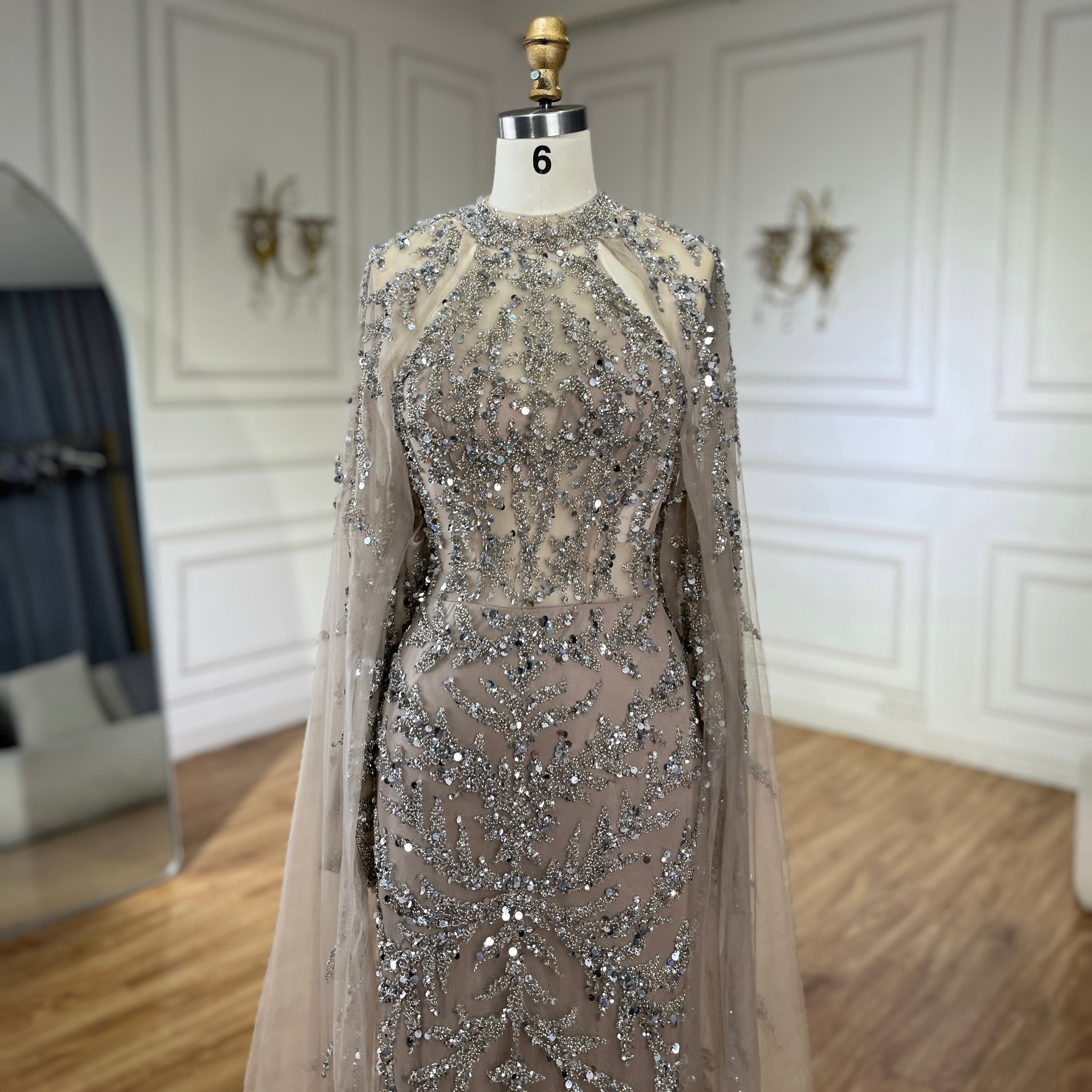 Arabic Luxury Beaded Mermaid Evening Dress Cape Sleeves For Women Wedding Party CLA72652