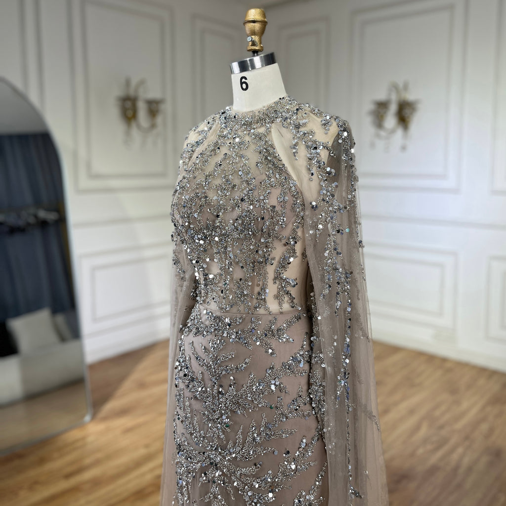Arabic Luxury Beaded Mermaid Evening Dress Cape Sleeves For Women Wedding Party CLA72652