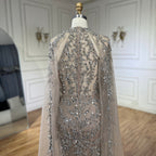 Arabic Luxury Beaded Mermaid Evening Dress Cape Sleeves For Women Wedding Party CLA72652