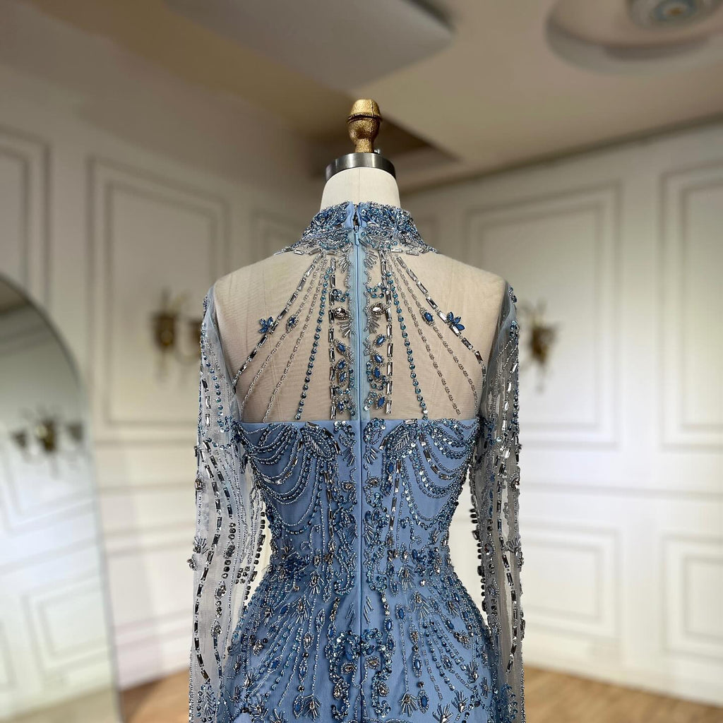 Luxury Dubai Designer Modest A-Line Blue Lace Beaded Evening Dresses CLA72704