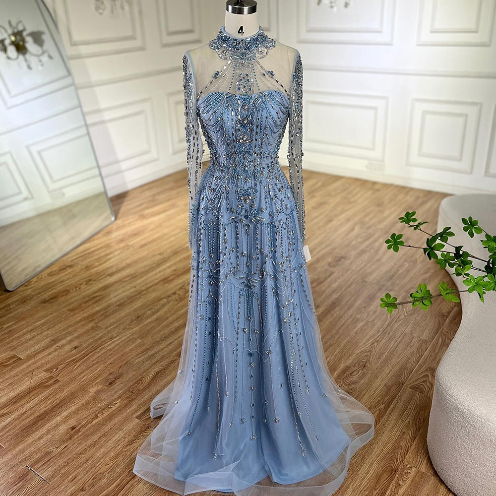Luxury Dubai Designer Modest A-Line Blue Lace Beaded Evening Dresses CLA72704