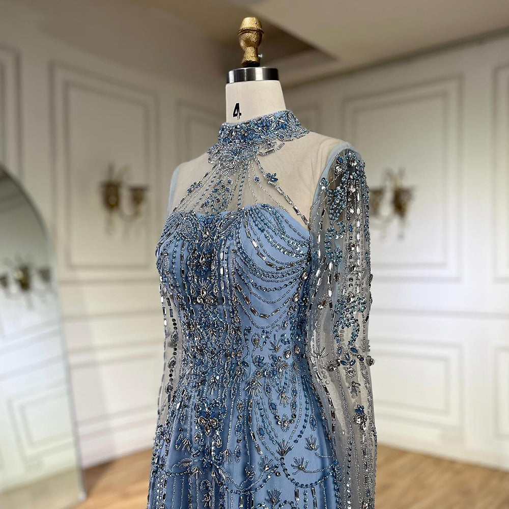 Luxury Dubai Designer Modest A-Line Blue Lace Beaded Evening Dresses CLA72704