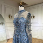 Luxury Dubai Designer Modest A-Line Blue Lace Beaded Evening Dresses CLA72704