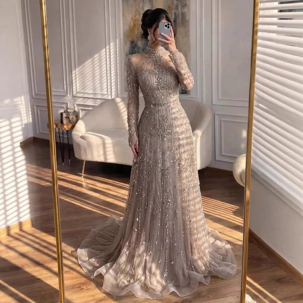 Luxury Dubai Designer Modest A-Line Blue Lace Beaded Evening Dresses CLA72704