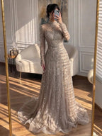 Luxury Dubai Designer Modest A-Line Blue Lace Beaded Evening Dresses CLA72704
