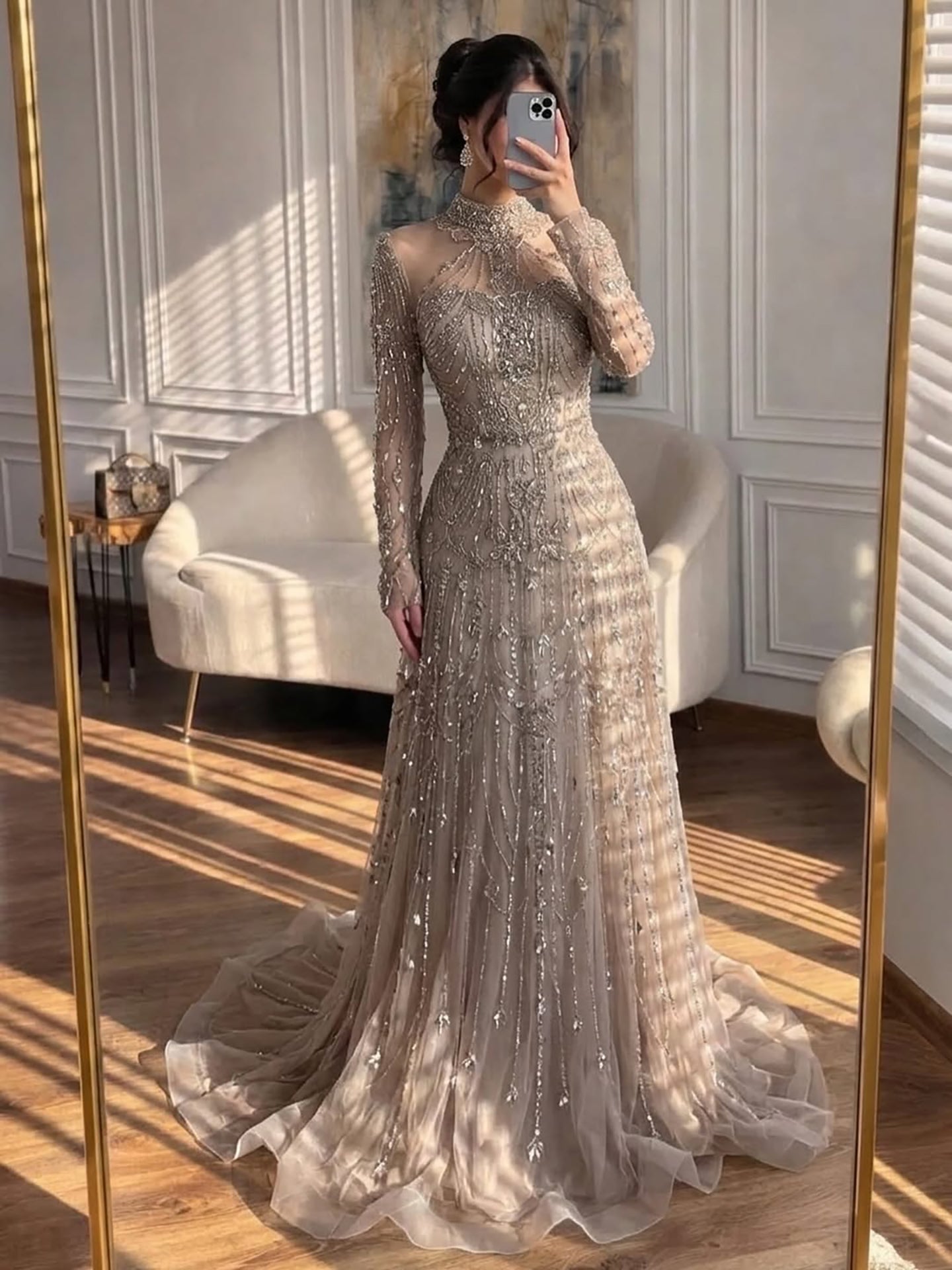Luxury Dubai Designer Modest A-Line Blue Lace Beaded Evening Dresses CLA72704