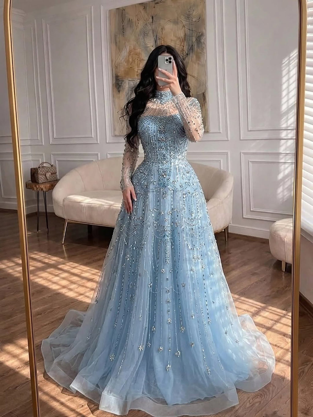 Luxury Dubai Designer Modest A-Line Blue Lace Beaded Evening Dresses CLA72704