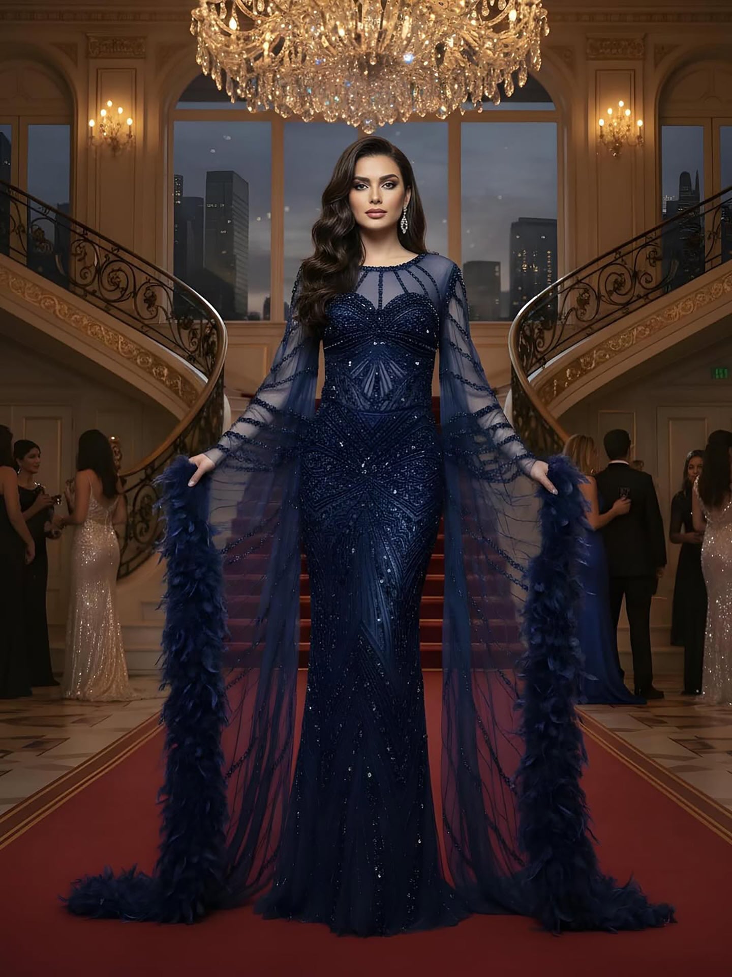 Luxury Modest Pink Feathers Long Cape Sleeves Mermaid Evening Dress CLA72708A