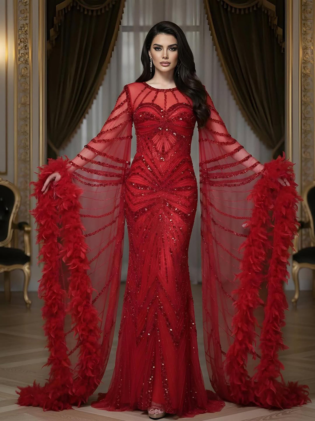 Luxury Modest Pink Feathers Long Cape Sleeves Mermaid Evening Dress CLA72708A
