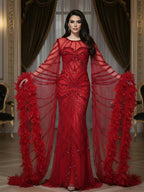 Luxury Modest Pink Feathers Long Cape Sleeves Mermaid Evening Dress CLA72708A