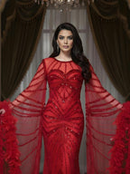 Luxury Modest Pink Feathers Long Cape Sleeves Mermaid Evening Dress CLA72708A