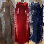 Luxury Modest Pink Feathers Long Cape Sleeves Mermaid Evening Dress CLA72708A