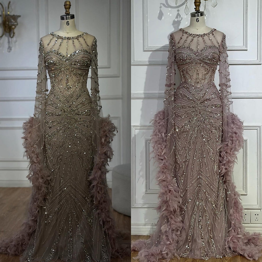 Luxury Modest Pink Feathers Long Cape Sleeves Mermaid Evening Dress CLA72708A