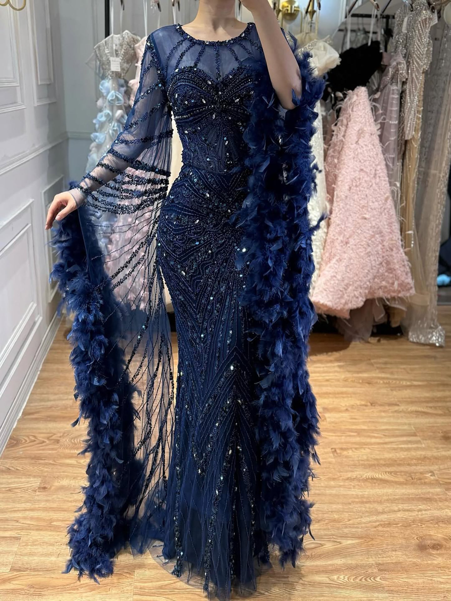 Luxury Modest Pink Feathers Long Cape Sleeves Mermaid Evening Dress CLA72708A