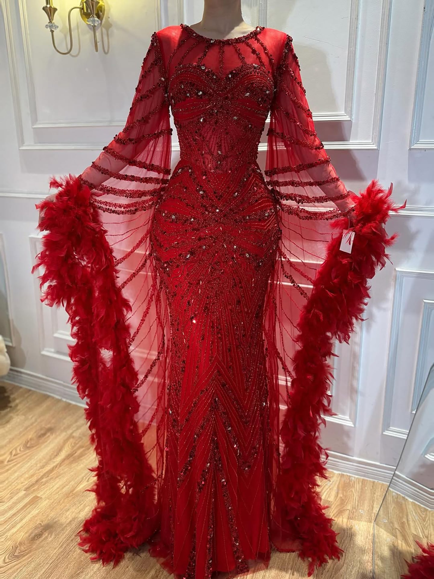 Luxury Modest Pink Feathers Long Cape Sleeves Mermaid Evening Dress CLA72708A
