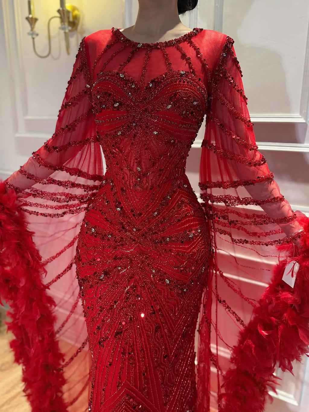 Luxury Modest Pink Feathers Long Cape Sleeves Mermaid Evening Dress CLA72708A