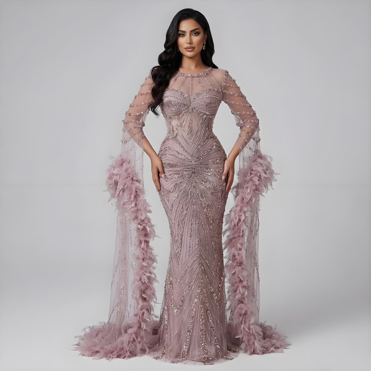 Luxury Modest Pink Feathers Long Cape Sleeves Mermaid Evening Dress CLA72708A