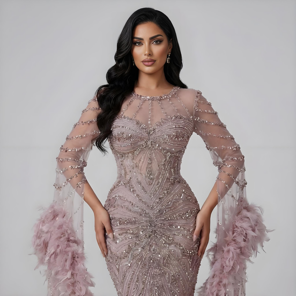 Luxury Modest Pink Feathers Long Cape Sleeves Mermaid Evening Dress CLA72708A