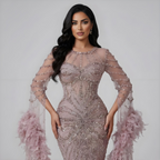 Luxury Modest Pink Feathers Long Cape Sleeves Mermaid Evening Dress CLA72708A