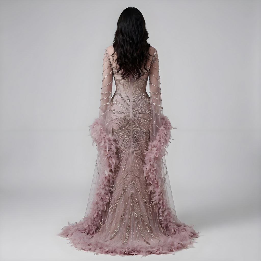 Luxury Modest Pink Feathers Long Cape Sleeves Mermaid Evening Dress CLA72708A