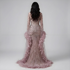 Luxury Modest Pink Feathers Long Cape Sleeves Mermaid Evening Dress CLA72708A