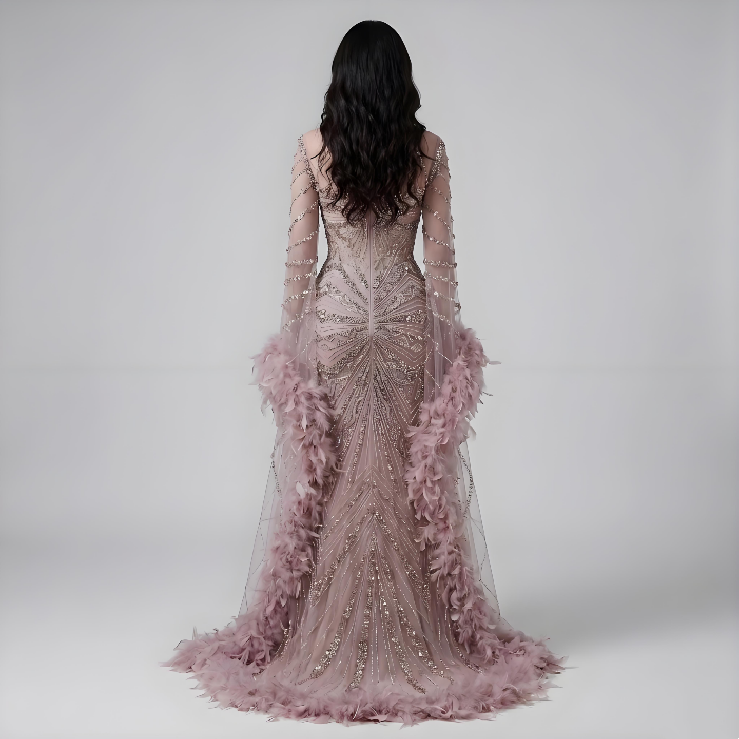 Luxury Modest Pink Feathers Long Cape Sleeves Mermaid Evening Dress CLA72708A