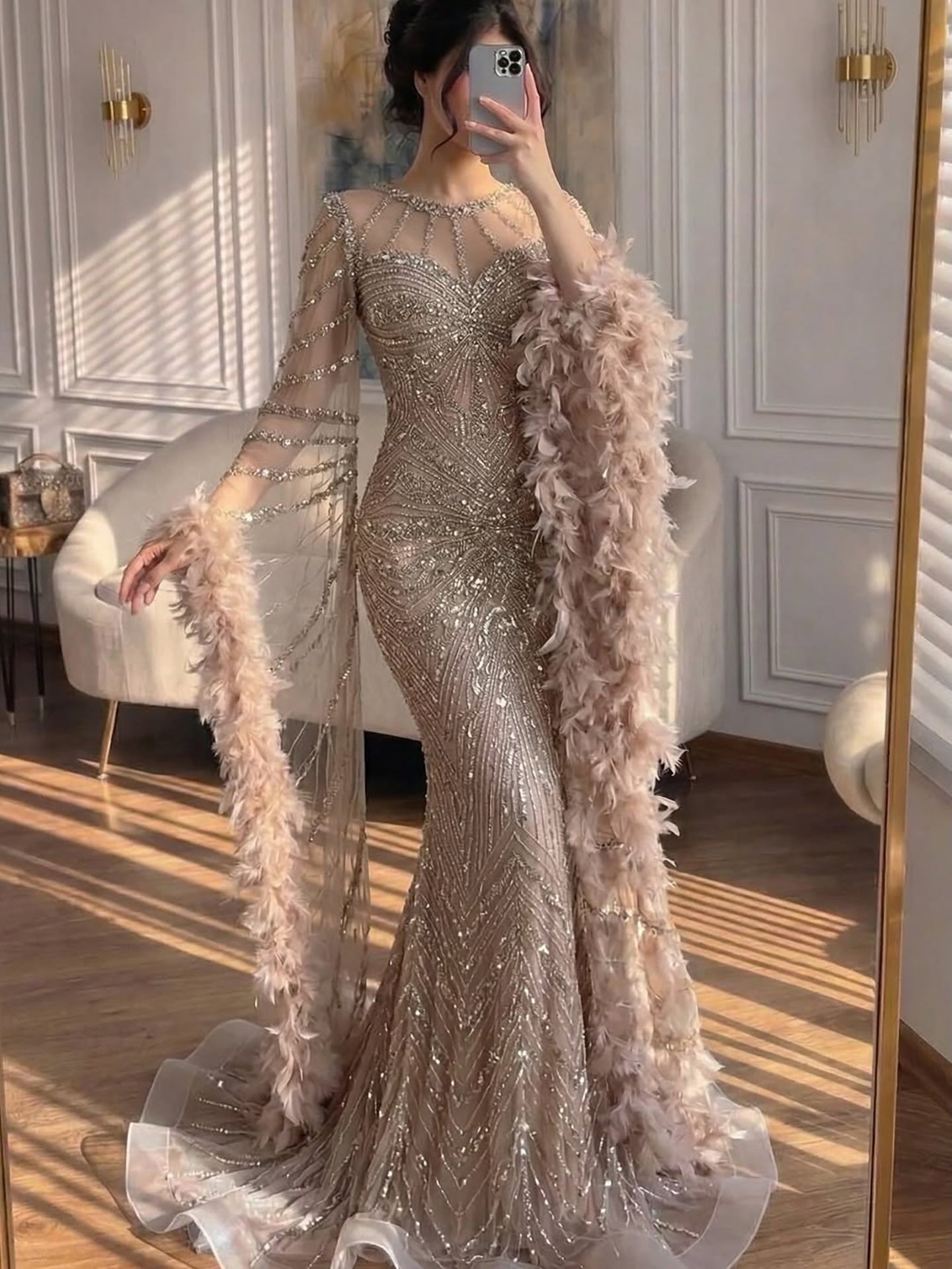 Luxury Modest Pink Feathers Long Cape Sleeves Mermaid Evening Dress CLA72708A