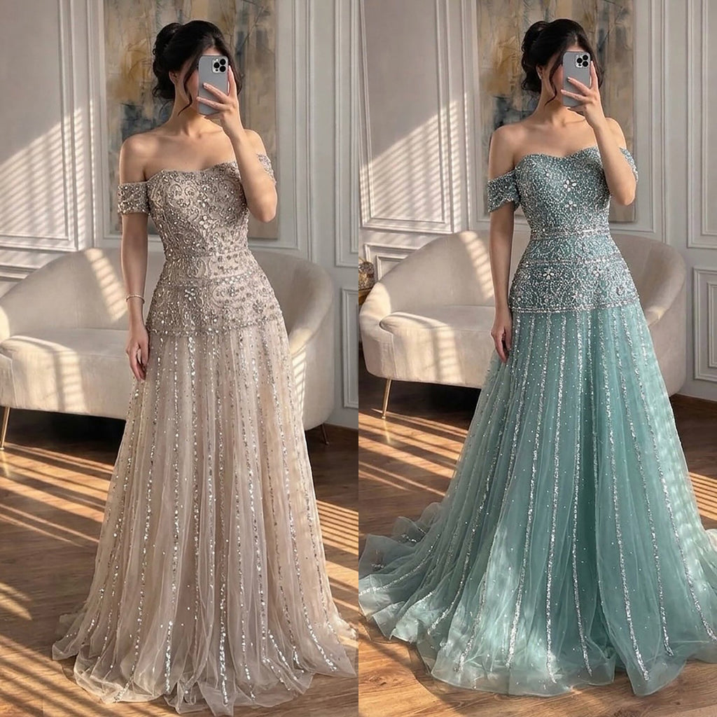Luxury Caramel Off The Shoulder A-Line Beaded Evening Dress CLA72709