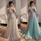 Luxury Caramel Off The Shoulder A-Line Beaded Evening Dress CLA72709