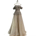 Luxury Caramel Off The Shoulder A-Line Beaded Evening Dress CLA72709