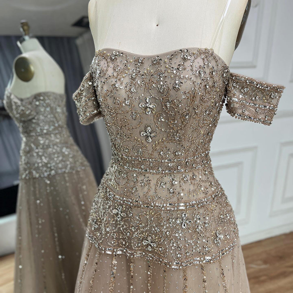 Luxury Caramel Off The Shoulder A-Line Beaded Evening Dress CLA72709
