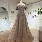 Luxury Caramel Off The Shoulder A-Line Beaded Evening Dress CLA72709