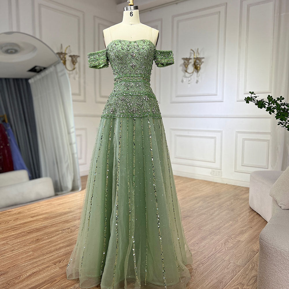Luxury Caramel Off The Shoulder A-Line Beaded Evening Dress CLA72709