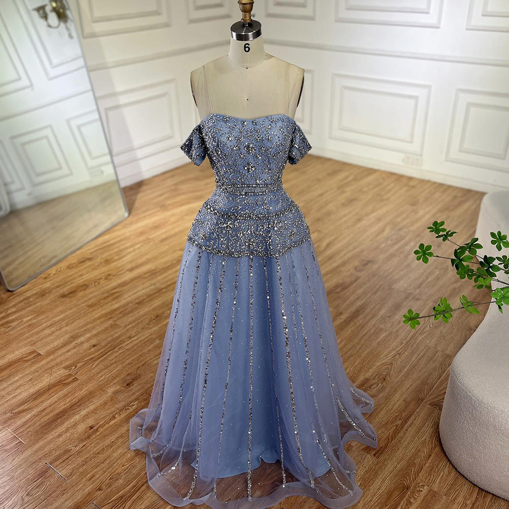 Luxury Caramel Off The Shoulder A-Line Beaded Evening Dress CLA72709