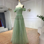 Luxury Caramel Off The Shoulder A-Line Beaded Evening Dress CLA72709