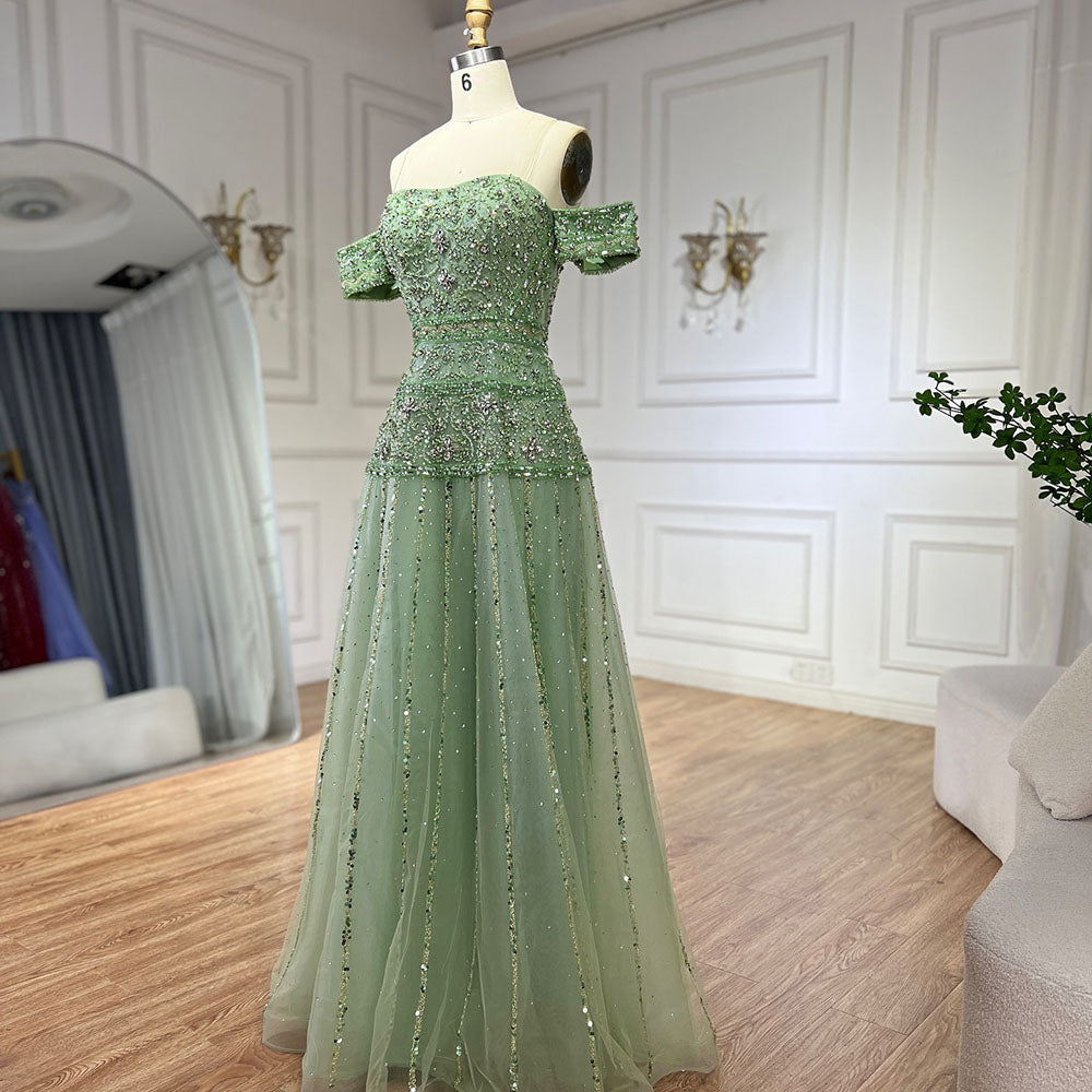 Luxury Caramel Off The Shoulder A-Line Beaded Evening Dress CLA72709
