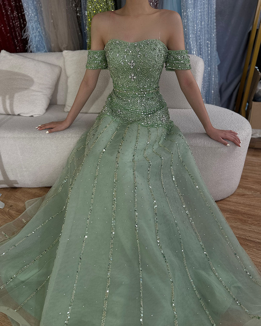 Luxury Caramel Off The Shoulder A-Line Beaded Evening Dress CLA72709