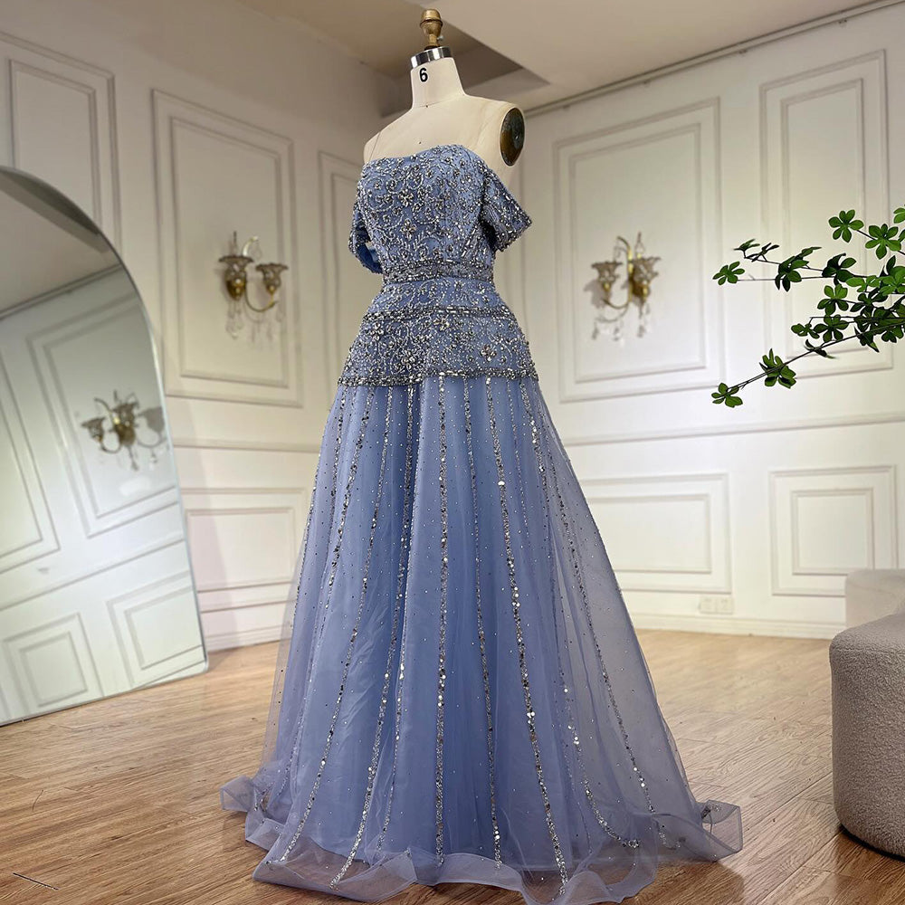 Luxury Caramel Off The Shoulder A-Line Beaded Evening Dress CLA72709