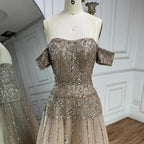 Luxury Caramel Off The Shoulder A-Line Beaded Evening Dress CLA72709