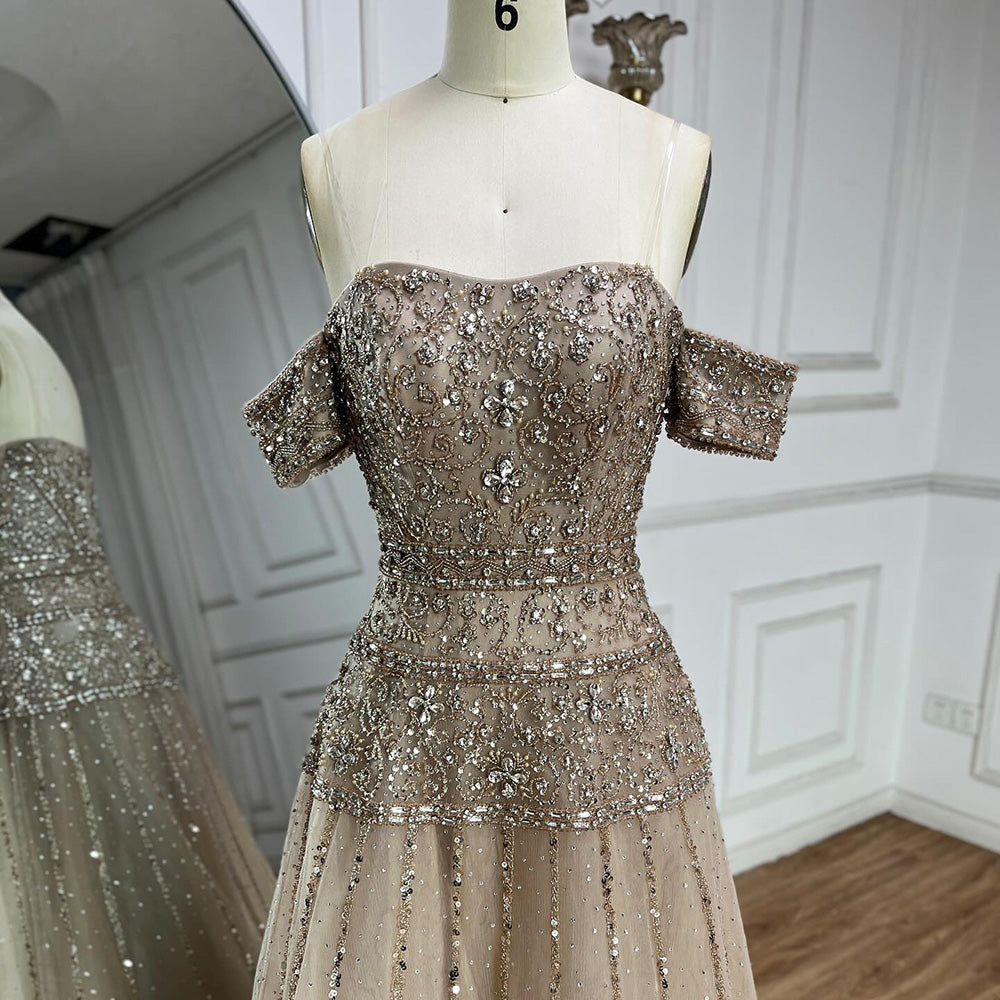 Luxury Caramel Off The Shoulder A-Line Beaded Evening Dress CLA72709