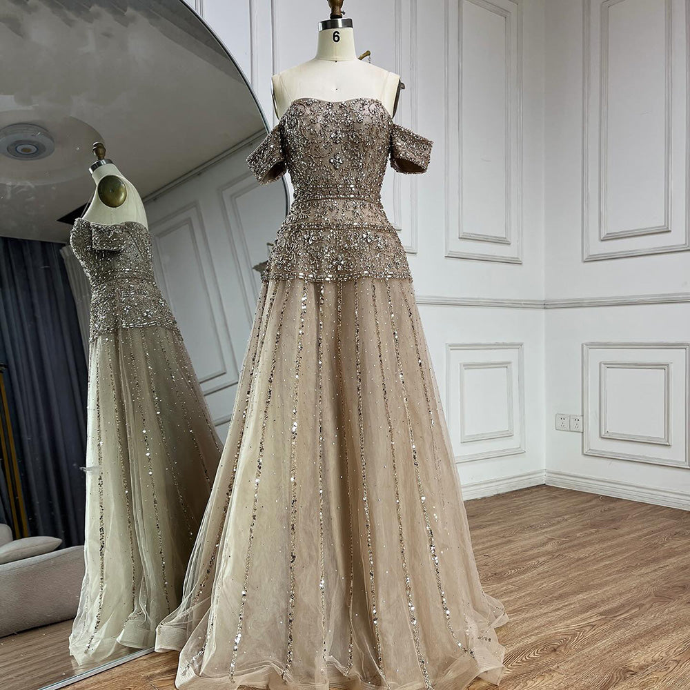 Luxury Caramel Off The Shoulder A-Line Beaded Evening Dress CLA72709