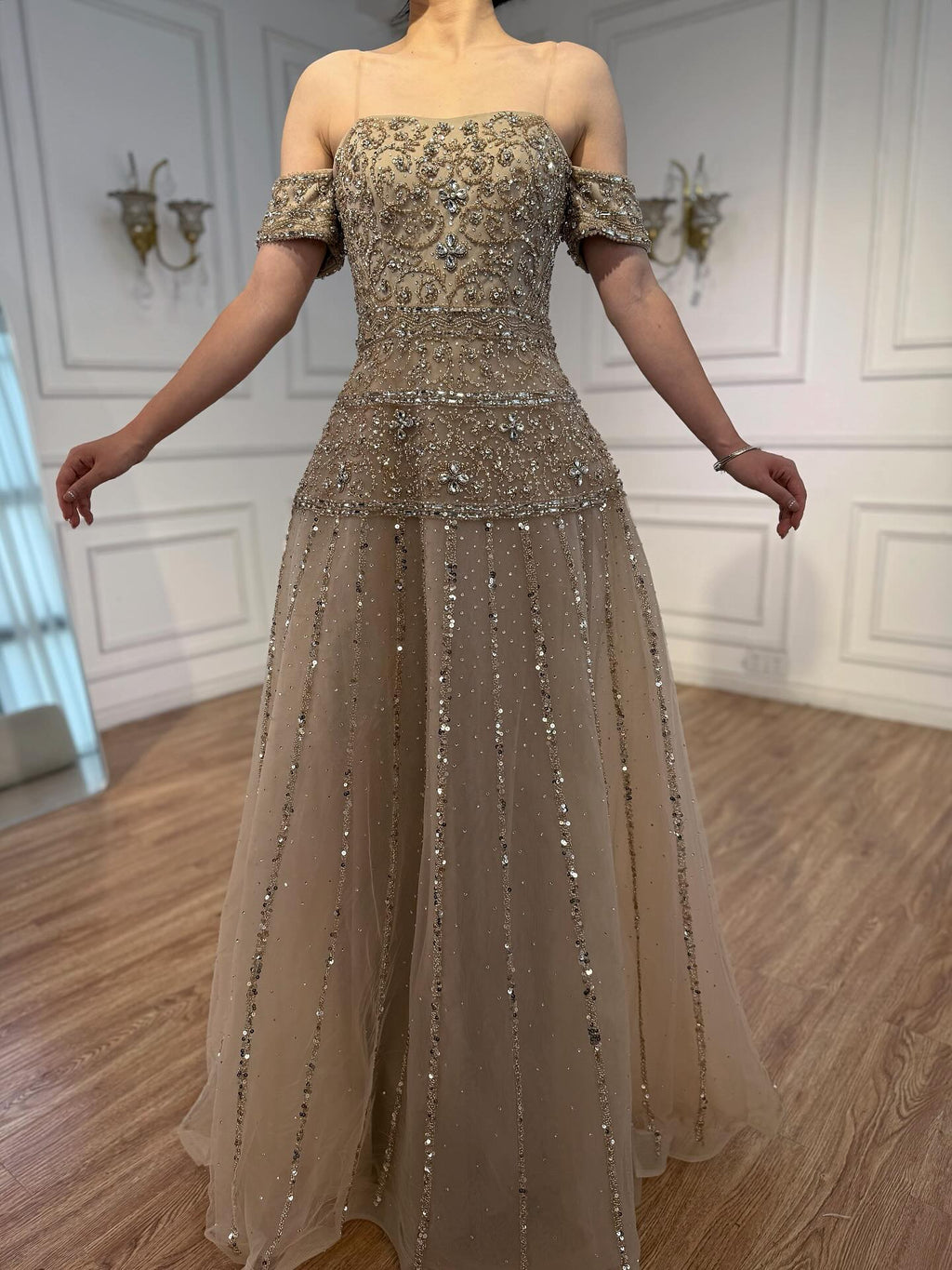 Luxury Caramel Off The Shoulder A-Line Beaded Evening Dress CLA72709