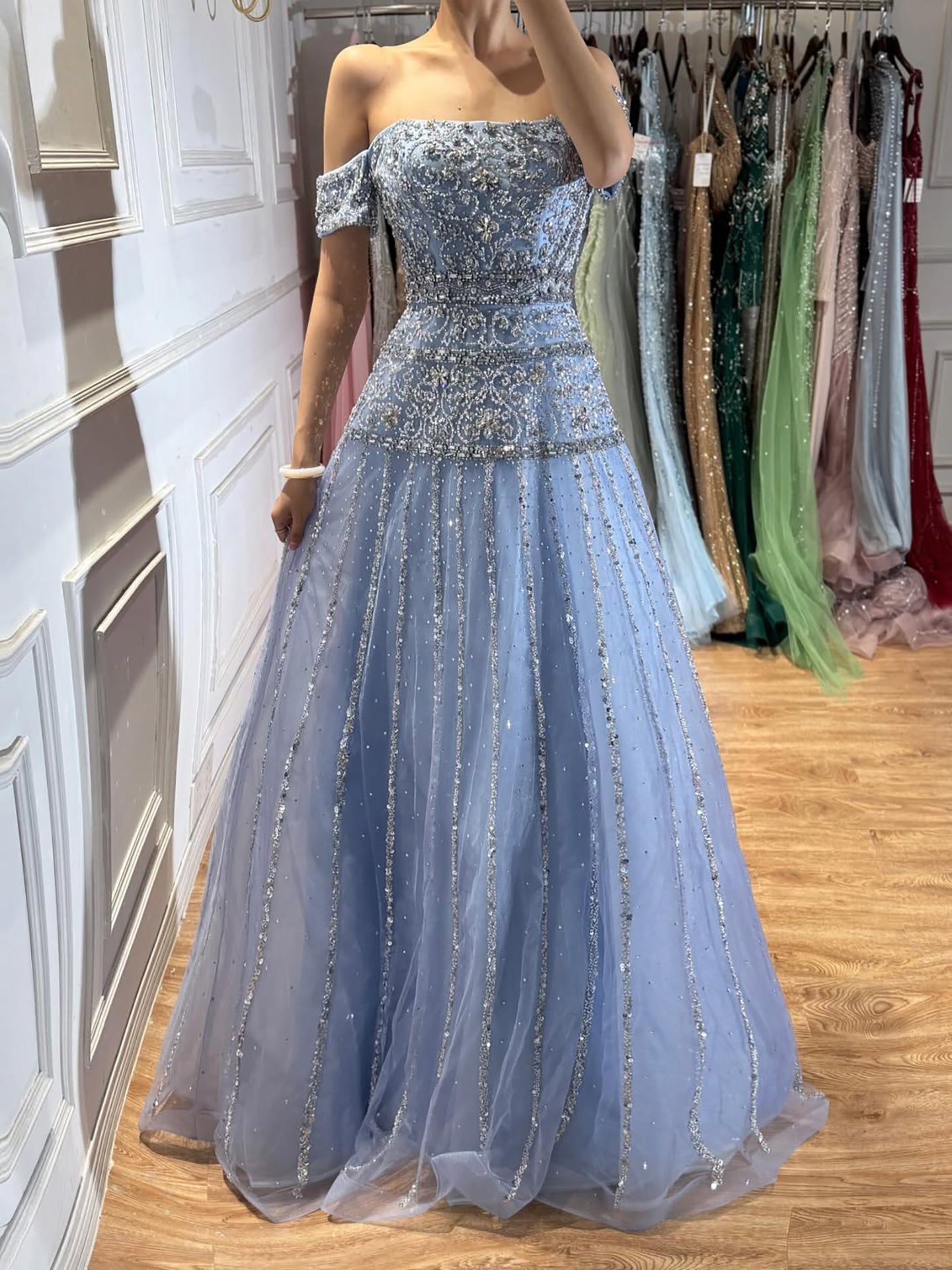 Luxury Caramel Off The Shoulder A-Line Beaded Evening Dress CLA72709
