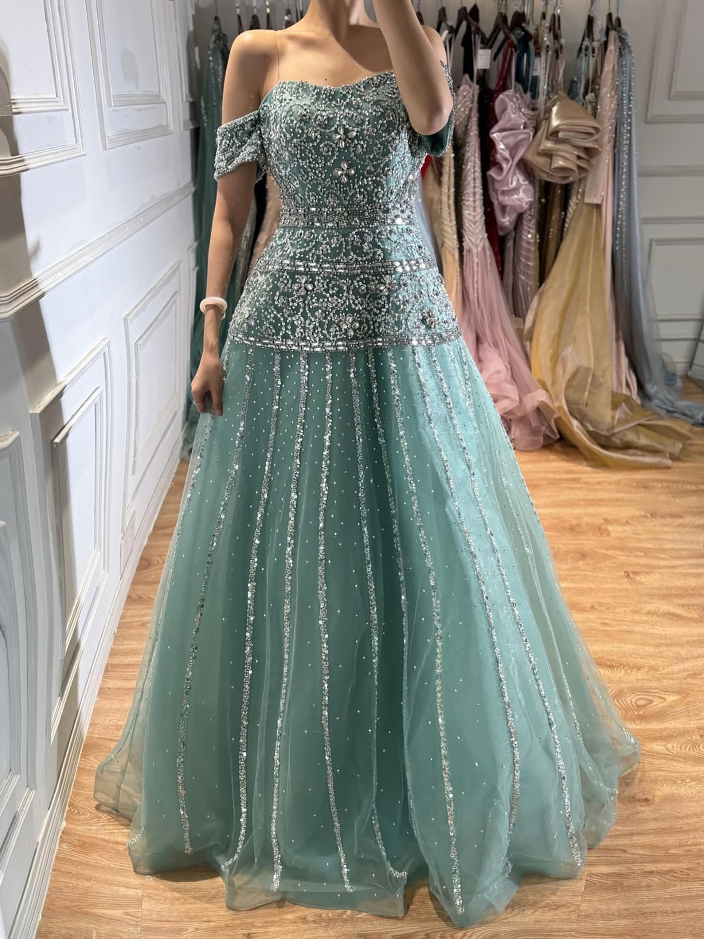 Luxury Caramel Off The Shoulder A-Line Beaded Evening Dress CLA72709