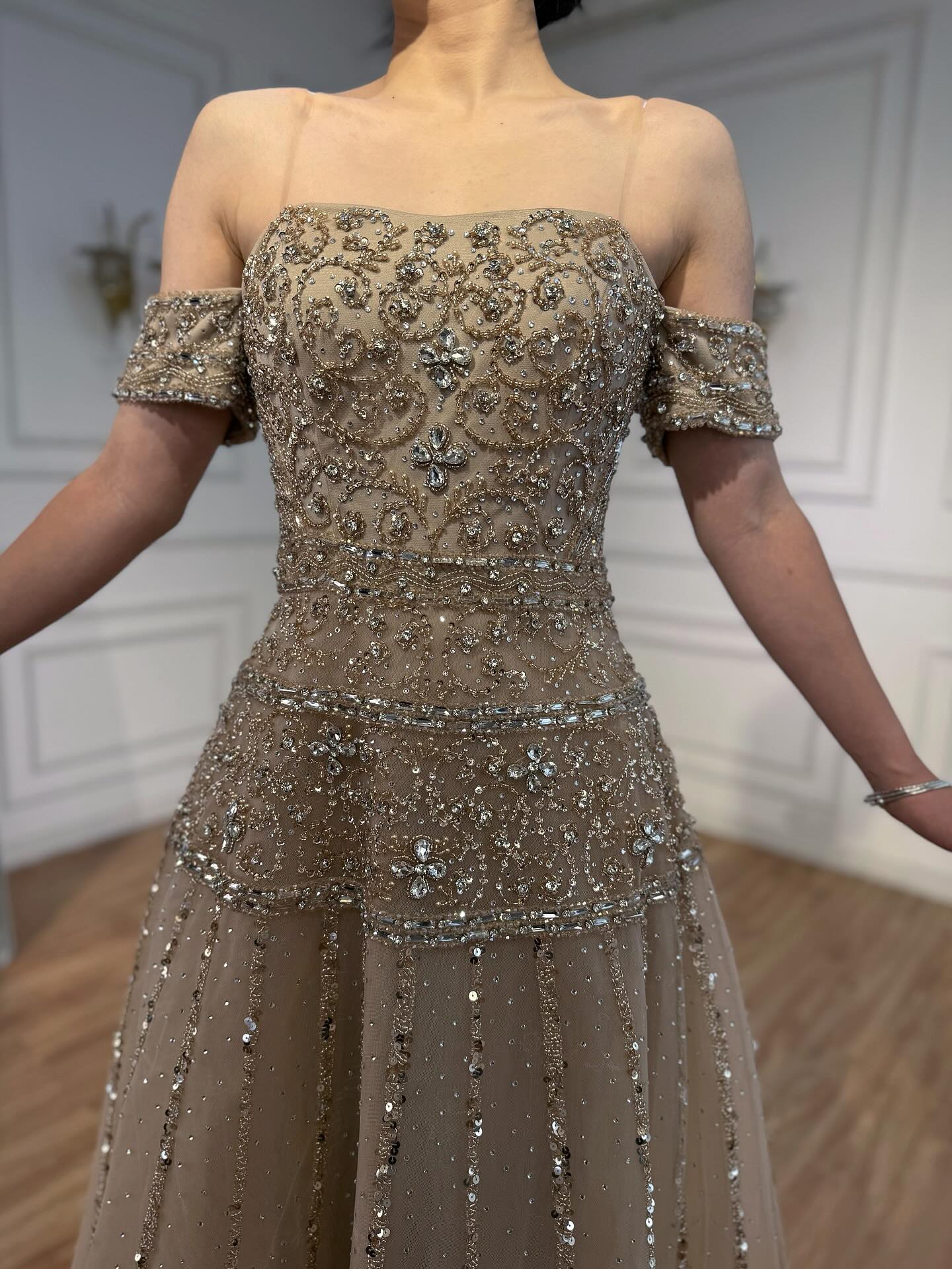 Luxury Caramel Off The Shoulder A-Line Beaded Evening Dress CLA72709